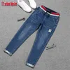 Plus storlek 5xl spets upp stretch jeans kvinna patch manschett denim harem byxor elastisk mode kvinnor hög midja penna mujer 210922