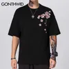 Gonthwid Harajuku Bordado Cranes Cereja Flores Flores camisetas Homens Casual Manga Curta Top Tees Hip Hop Streetwear T-shirts 210706