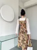 Vintage faux 2 pièces Floral Jacquard robe à manches longues femmes Flare col carré une ligne dames mode 210427