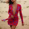 Colysmo Print Woman Dress Cut out Lace up Deep V Long Sleeve Red Mini Ladies Casual Sexy Party Bodycon Vestidos Beach Robe 210527