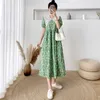 Kore chic yaz vintage büyük yaka ince bel çiçek elbise kadın puf kol rahat moda giysileri vestido feminino 210529