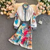 Bahar Pist Etek Suit kadın Zarif Yay Down Yaka Ruffles Bluzebeading İnciler Mermaid 2 Parça Setleri 210416