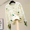Handgemachte Stickerei dreidimensionale Blume süße weiche einreihige dicke Linie gestrickte Pullover Strickjacke Mantel für Frauen 210428