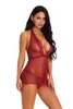 Halter Deep V Neck See Through Lace Lingerie Femmes Sexy Pyjamas Sheer Mesh Nightdress 211208