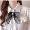 Spring Temperament Lady Sweet Bow Chiffon Shirt Two Pieces Set Houndstooth Wide Leg Shorts Suit 210520