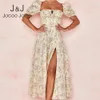 Joco jolee sexig boho blommig tryck split lång klänning elegant bubbla ärm sommar strand sundress avslappnad semester slim en linje klänning 210518