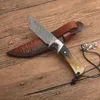 Survival Rechte mes VG10 DAMASCUS Steel Drop Point Blade Volledige Tang Hoorn + Staal Hoofd Handvat Vaste Blades Messen met Lederen Schede