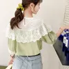 Zielone Koronki Koszule Łączone Lato Słodkie Szyfonowe Bluzki Koreański Moda Ruffles Kobiety Luźne Topy Blusas Odzież 9555 210417