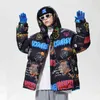 Glacialwhale down jacket män vinter graffiti hooded vindtät kappa streetwear överdimensionerade hip hop svart för 211214