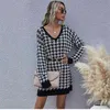 Houndstooth Jumper свитер платье женщин осень весенние моды вязаные пуловеры сексуальные V шеи дамы повседневные мини-платья 210521