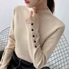 Medio cuello alto manga larga jerseys de punto mujeres botón patchwork punto base casual primavera elástico tops estilo coreano 210522