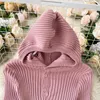 Dames Hooded Gebreide Jurk Koreaanse Lange Mouw Slanke Elastische Potloodjurken Herfst Winter Warm Bodycon Sweater Jurk 210419