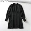 Zeefity Dames Vintage Plooien Stand Kraag Zoom Kant Stikken Zwart Mini Dress Office Chic Vrouw Back Rits Vestido DS4980 210603
