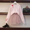 Preppy Style Loose Knitting Heart Pattern Sweater Top + Sashes Wool A-line Mini Women Trendy 2 Piece Pink Skirt Set 210416