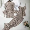 3PCS Women Pajamas Set Lady Emulation Silk Pyjama Sets Flower Sleepwear Female Leopard Satin Homewear With Removable Padded 211112