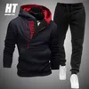 Men Tracksuit Casual 2 Pieces Sets Zipper Sweatshirt Hooded+Sweatpants Print Sportswear Mens Clothes Solid Jogger Sport Suit 4XL 211230