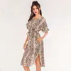 Imprimir vestido para mulheres verão moda v-pescoço snakeskin padrão casual meados de comprimento manga curta vestidos feminino lr1032 210531