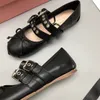 100% Leather Designer Deluxe Womens Dress ballet Shoes with buckle belt bow Flat Casual Soft Soles Low Heel Light Print loafers Slip-On withs box