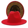 Patchwork rosso e leopardo patchwork in cotone poliestere fedora cappelli donne unisex largo corrim due tono jazz cappello da jazz panama festa tappo di nozze