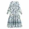 Vintage stilig handgjorda pärlstav tassel blommig långa klänning kvinnor mode tie o-neck klänningar eleganta damer chic vestidos 210531