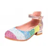 Chegadas crianças meninas sapatos arco-íris lantejoulas de cristal princesa sapatos de dança para grandes meninas salto alto crianças sapatos Calçado 210713