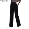 Women's High Waist Striped Wide Leg Long Pants Office Lady Loose office Stretch gold Velvet Casual Trousers Plus Size S-6XL 210608
