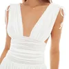 Paris Kız Beyaz Zarif Pileli Dalma Derin V Yaka Kolsuz Elbiseler Akşam Kulübü Parti Noel Kadınlar Mini Elbise Giysileri 210524