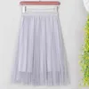 Layers Tulle Skirts Women Black White Pink Mesh Skirt Elastic High Waist Pleated Midi Skirt A Line Female Korean Style Skirts 210521