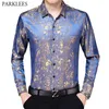 Floral Impressão Cetim Silk Men Vestido Camisas Confortável Camisa Suave Mens Camisa Trabalho Negócio Homens Casuais Manga Longa Slim Fit homens Chemise 210524