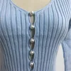 Vintage stijlvolle breien single breasted parel cardigan trui vrouw diepe v-hals lange mouw jumper stretch knitwear 210429
