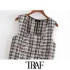 Traf Women Fashion with Frayed Trim Tweed Check Waistcoat Vintage Square Collar Sleeveless Female Vest Coat Chic Tops 210415