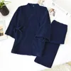Japanska Kimono Pyjamas V-Neck Långärmad Pijama 2 stycken Set Höst Dubbelskikt Gaze Sleepwear 100% Bomull Sömn 210831