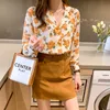 Koreanska Kvinnor Chiffon Blouses Woman V Neck Print Blus Långärmad Tops Plus Size Floral Top XXL 210604