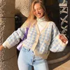 Vintage 90s houndstooth impressão outono inverno de malha manga longa mulheres cardigan suéteres feminino streetwear knitwear tops 210914