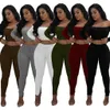 Women 2 Piece Pant Set Designer Fashion High Elastic Threaded One Word Collar Long Sleeved Leggings Outfits Ladies Casual T Shirt Trousers Suits