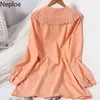 Neploe Sweet Dress Woman Lace Turn-down Collar Long Sleeve Korean Mini Dresses for Women Single Breasted Solid Robe Vestidos 210422