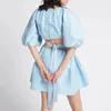 Summer Casual Women'S Sky Blue White Hollow Dress Female O-Neck Puff Sleeve High Waist Sexy Backless Mini 210525