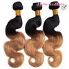Natural Remy Virgin Brazilian Human Hair 1B 27 Ombre Extensions 3 Bundlar med 4x4 Lace Closure Twotone Color Body Wave Malaysian Weave Wefts till salu