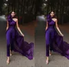 Elegante Arabisch paarse jumpsuit Formele avondjurken Een schouderbaan prom -jurk met treinen pailletten kralen optochtjurken speci335u