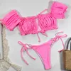 Mossha Micro Swimwear Women Pleated Bikini Set Pink Woman Swimsuit Female Off Shoulder Bathing Suit 2022 Summer Bathers Biquini Women's