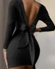 Offener Rücken, geknotet, langärmelig, figurbetontes Kleid für Damen, solides, tief ausgeschnittenes Mini-Partykleid Y0603