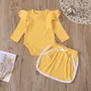 Miúdos Conjuntos de Roupas Meninas Roupas de Cor Sólida Infantil Criança Flying Sleeve Tops + Pit Stripe Saias 2 Pçs / Set Primavera Outono Moda Boutique Baby Roupas