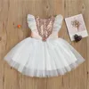 1-6Y Ragazze Principessa Paillettes Perla Pizzo Tulle Abito Compleanno Festa di nozze Bambini Bowknot Abiti da battesimo per bambini Vestiti Q0716