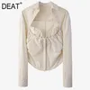 Women Khaki Shirring Blouse Polo-neck Long Sleeve Slim Fit Low-cut Sweet Showing Belly Button Summer 7D001233 210421