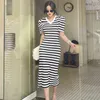 Maxi Stripe Sukienka Koreańskie Damskie Seksowne Krótki Rękaw V Neck Sukienki dla kobiet 210602