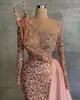 2022 Novo !!! 2022 vestidos de noite rosa mangas compridas sereia jóias pescoço frisado lantejoulas sparkly feita português tule varrer trem vestido de festa vestidos 2022 designer