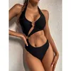Colysmo Summer Beach Traje de baño Mujeres Tie Up Halter Cut Out Ring Color Sólido Push Bra y Panty Set Lady Sexy Bikini de cintura alta 210527
