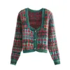 Autumn Winter Women Argyle Za Kint Cardigan Floral Jacquard Weave Tweater Warm Single Breasted Vintage Tops Outwear 210422
