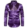 Mäns Klänning T-shirts Män Satin Glänsande Silk Bröllopskjorta Långärmad Sequin Fitness Slim Male Blouse Top Ruffle