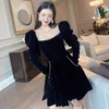 Vintage Splicing Diamond Dress For Women O Neck Puff Long Sleeve High Waist Sexy Mini Dresses Female Fashion 210520